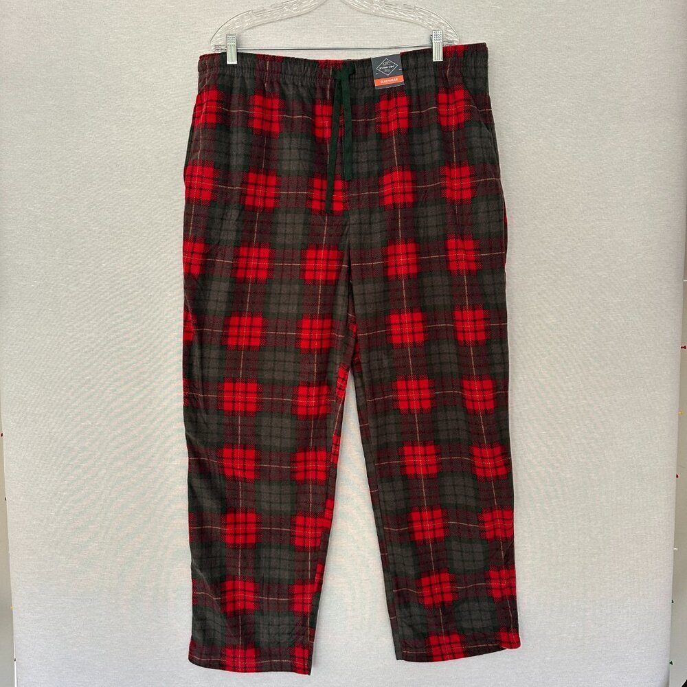 ST. JOHN'S BAY MEN'S MICROFLEECE PAJAMA PANTSRED & GREEN PLAID PATTERN, NEW, XL